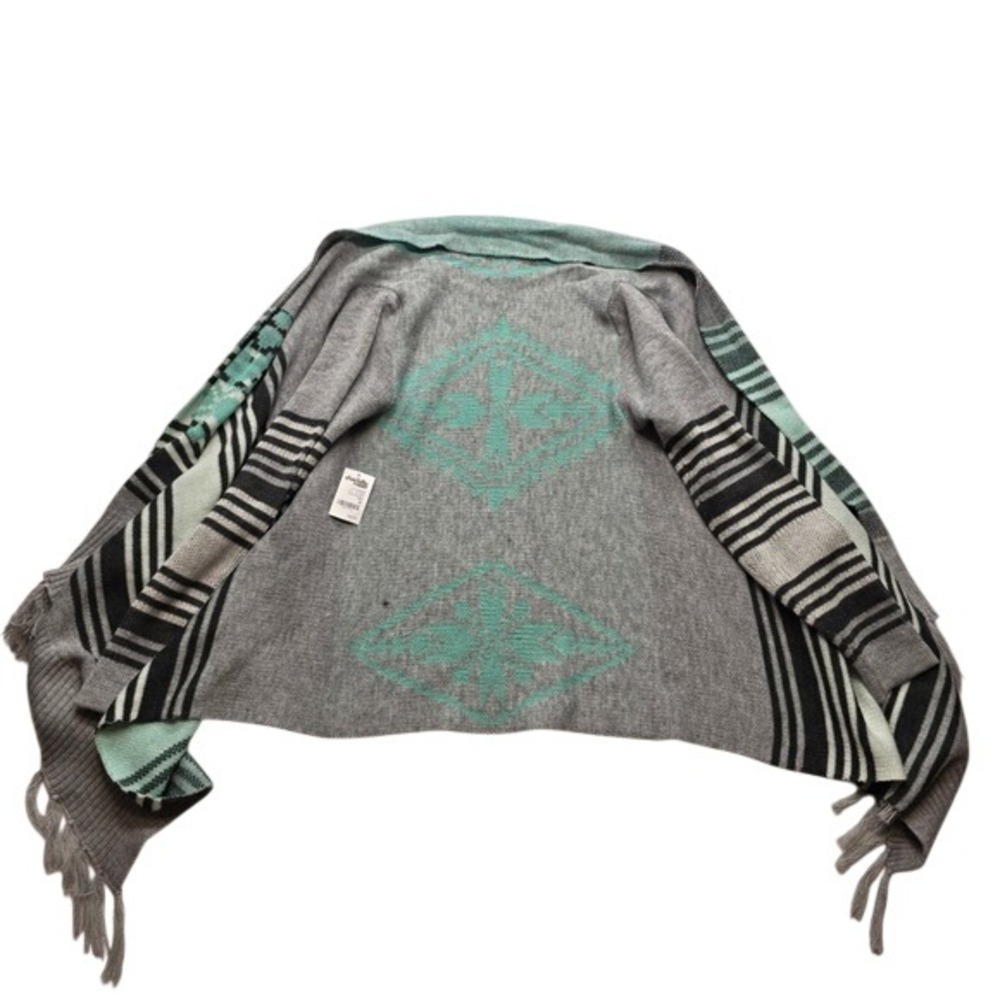Charlotte Russe Boho Tribal Fringe Cardigan Shawl Gray Teal M